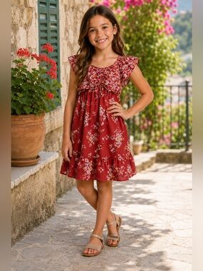 Speechless Girls’ Rust Brown Floral Print Dress with Flutter-Sleeves. Girls 10